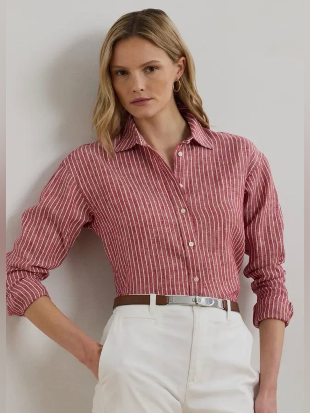 Lauren Ralph Lauren Linen Shirt Red White Stripe Button-Up SizeS Minimal Classic